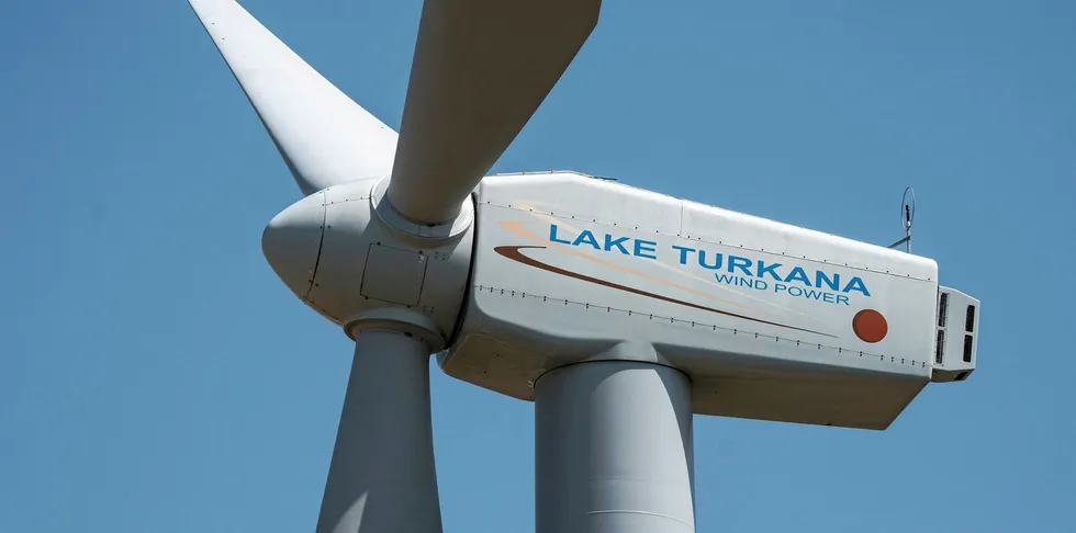 A wind turbine of the Lake Turkana Wind Power project in Loiyangalani district, Marsabit County, northern Kenya.