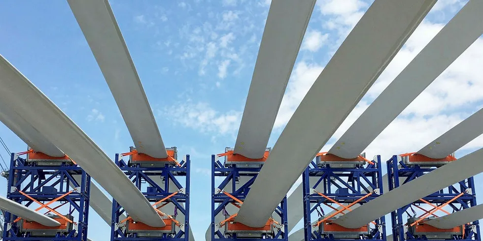 Rotor blades awaiting installation at Deepwater Wind's Block Island project.