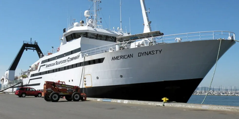 American Seafoods trawler the American Dynasty. The Alaska pollock and groundfish harvesting giant is now under scrutiny by the US Customs and Border Protection (CBP) agency for a controversial shipping route used to get around Jones Act regulations.
