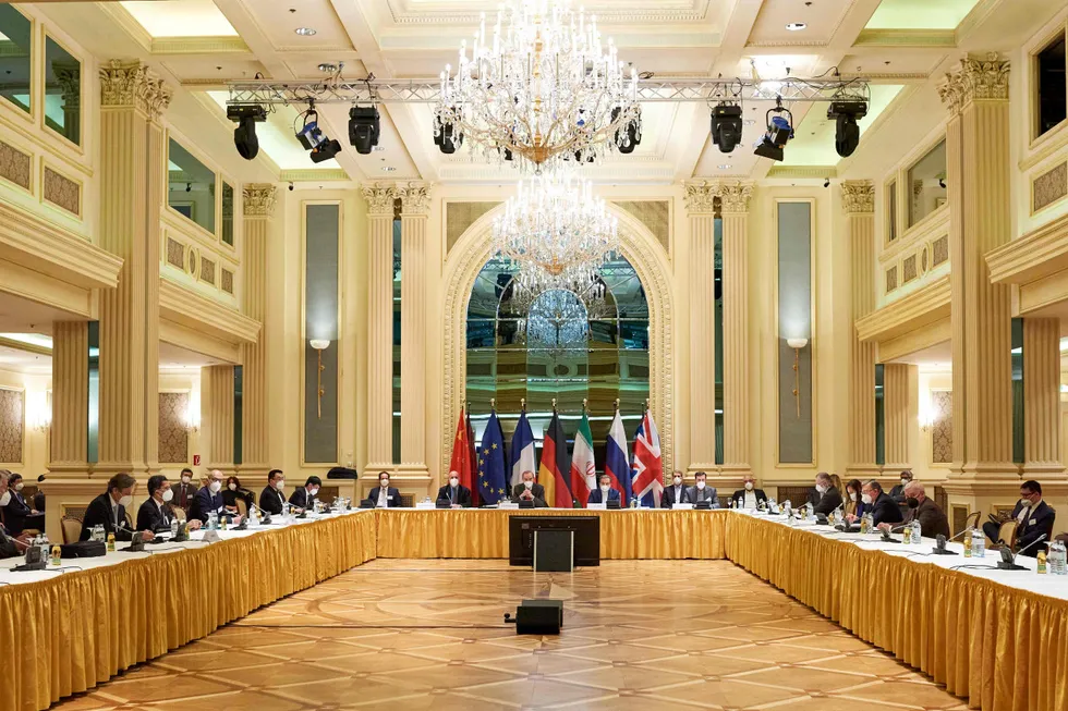 Vienna talks: diplomats of the EU, China, Russia and Iran at the start of talks in Vienna on 6 April. The US will participate in discussions but will not be at the same table as Iran, with Europeans acting as intermediaries between the two parties