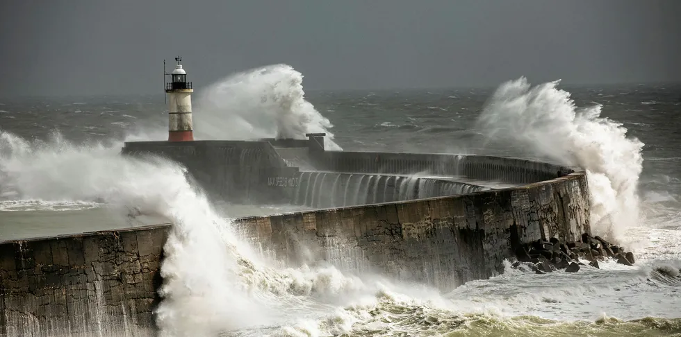 Waves crash against the harbour wall during Storm Francis, on August 25, 2020 in Newhaven, England.