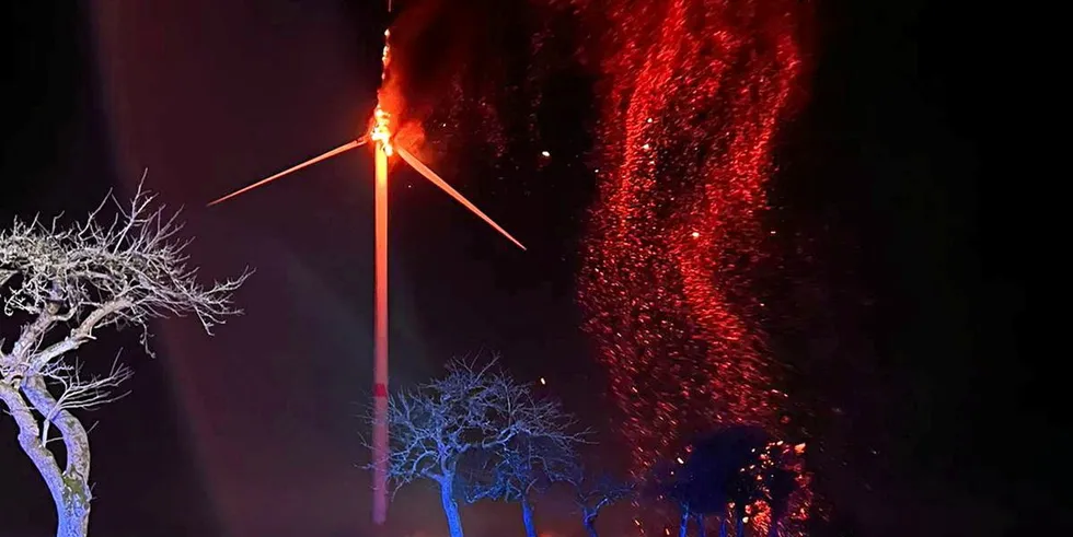 Burning Vestas turbine near Losheim in Germany's Saar region.