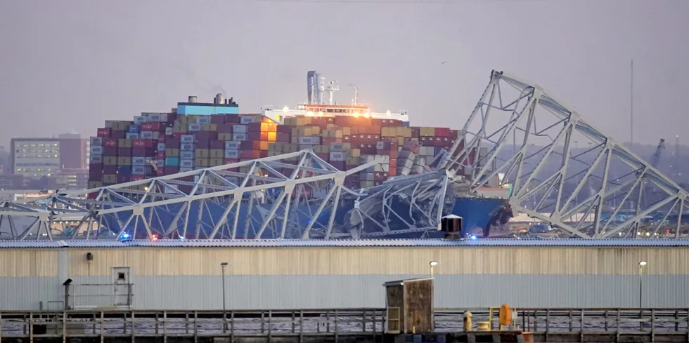 The Dali container vessel after striking the Francis Scott Key Bridge that collapsed into the Patapsco River in Baltimore, Maryland, US, on Tuesday, March 26, 2024.