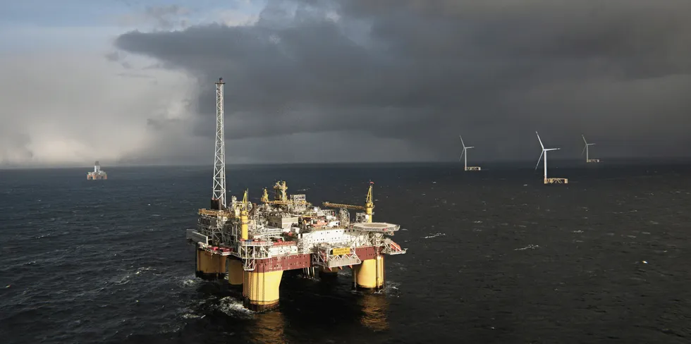 CGI of Odfjell Oceanwind's WindGrid system where floating wind turbines are used to cut emissions from offshore oil and gas production