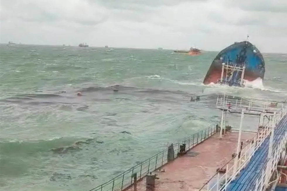 A view from the Volgoneft 239 showing the Russian tanker Volgoneft 212 sinking in the Kerch Strait on 15 December.