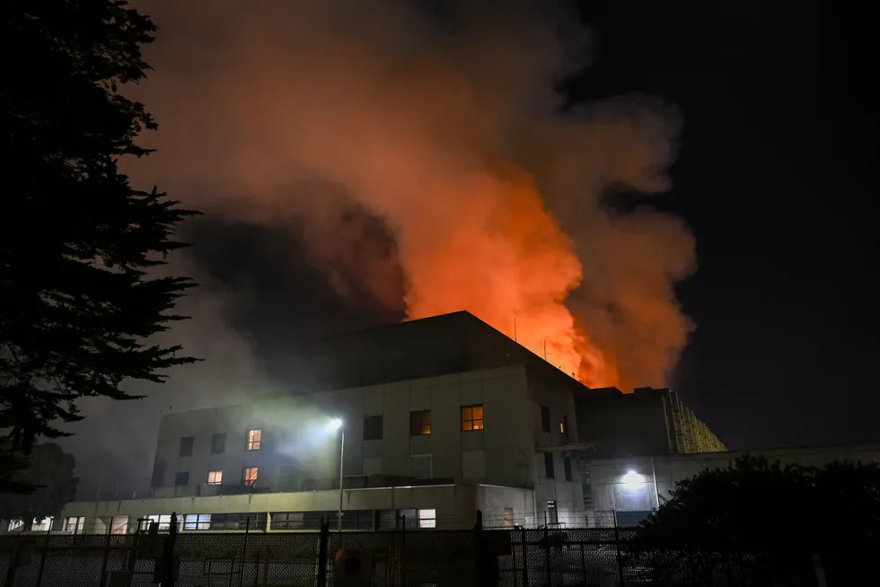 Flames at Moss Landing Power Plant located on Pacific Coast Highway.