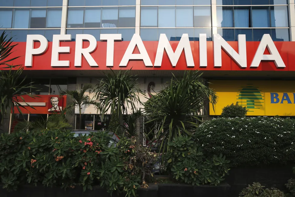 A Pertamina sign is seen at the Oil Centre Building in Jakarta, Indonesia.