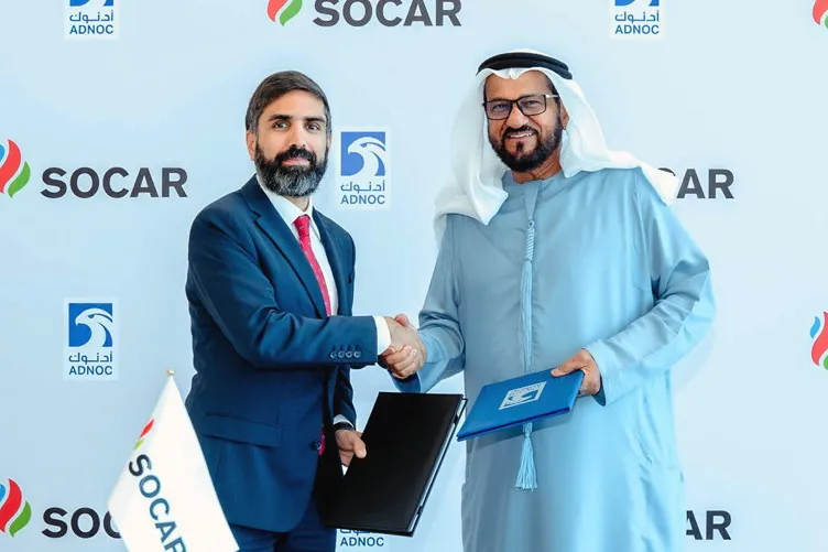 Socar president Rovshan Najaf (left), with Adnoc upstream executive Abdulmunim Saif Al Kindy.