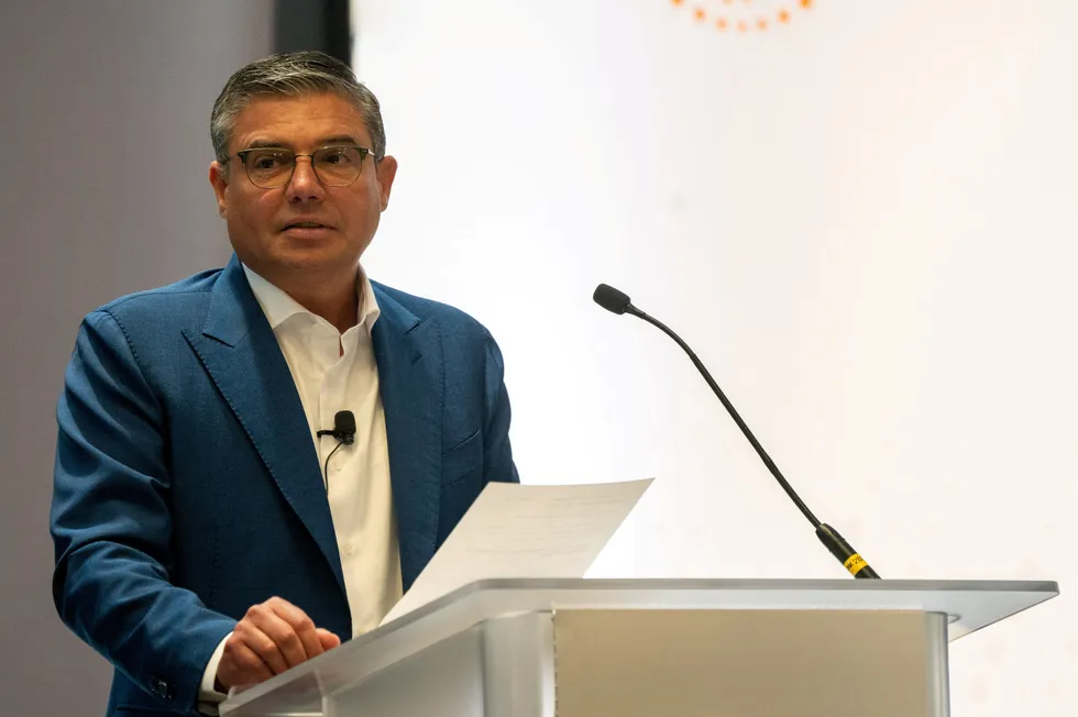 Lorenzo Simonelli, chief executive of Baker Hughes, speaks at the Global Energy Transition 2022 conference in New York City, in this file photo.