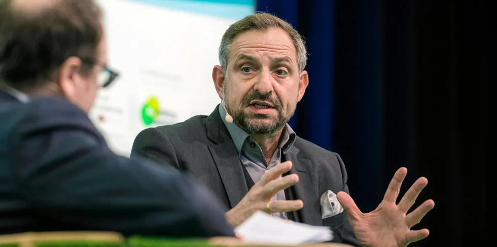 Hydrogen Europe CEO Jorgo Chatzimarkakis talking to Recharge hydrogen editor Leigh Collins at the Recharge Hydrogen Summit in Hamburg on September 29.
