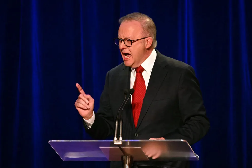 Australia's Prime Minister Anthony Albanese gestures as he speaks after winning the general election at the Labor Party election night event in Sydney on May 3, 2025.