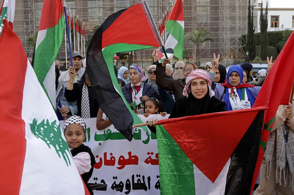 Demonstrators celebrate in Rabat following the news of a ceasefire and hostage release deal between Hamas and Israel.