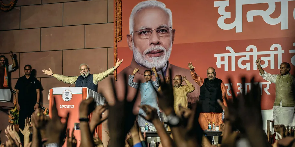 Narendra Modi speakes to victorious party workers at the BJP party head quarters in New Delhi, India, after his re-election.