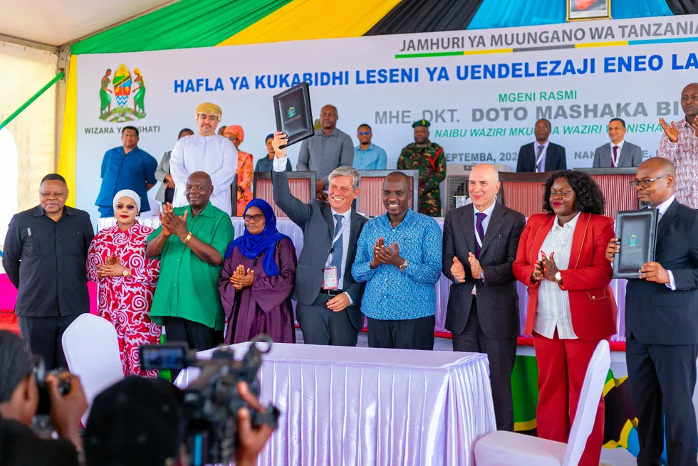 A ceremony held in Tanzania in September 2024 for the formal award of a gas field development licence to Ara Petroleum, with Tanzania's Deputy Prime Minister Doto Mashaka Biteko (blue shirt) in attendance.
