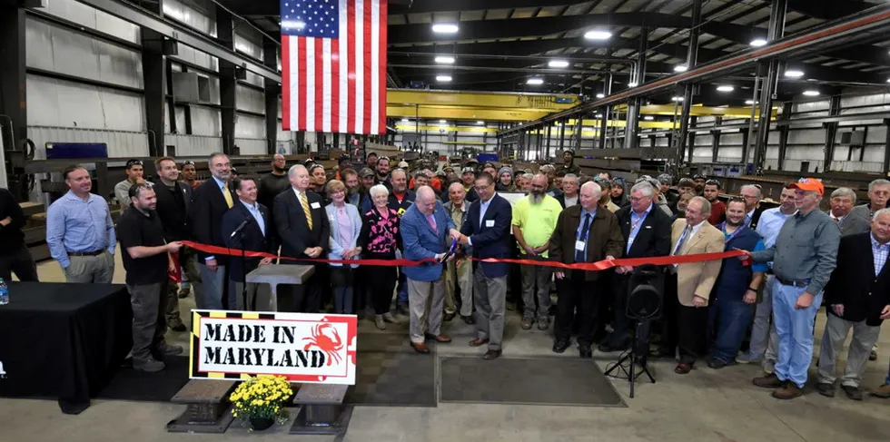 Maryland Governor Larry Hogan joins local business leaders at Crystal Steel’s Federalsburg facility for an official ribbon cutting ceremony in 2018