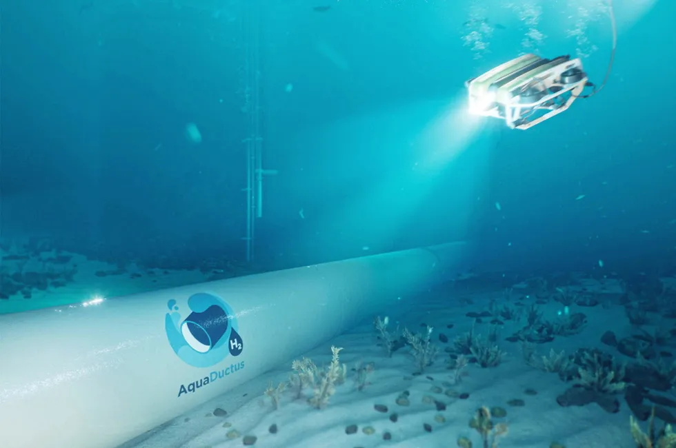 A rendering of the planned AquaDuctus pipeline (complete with remotely operated inspection vehicle).
