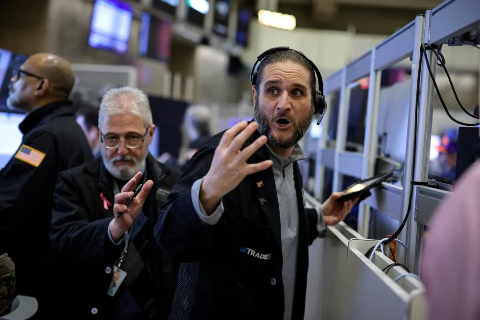 Futures-options traders work on the floor at the American Stock Exchange (AMEX) in New York on Monday, 7 April 2025.