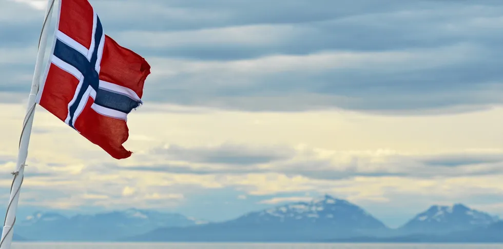 A Norwegian flag attached to a ferry to Engenes, located on Andorja Island, a small fishing village in the municipality of Ibestad, in Troms county.