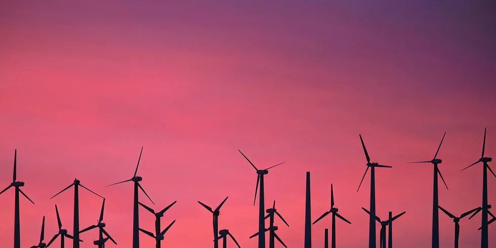 Wind turbines in the San Gorgonio Pass area, near Palm Springs, California.