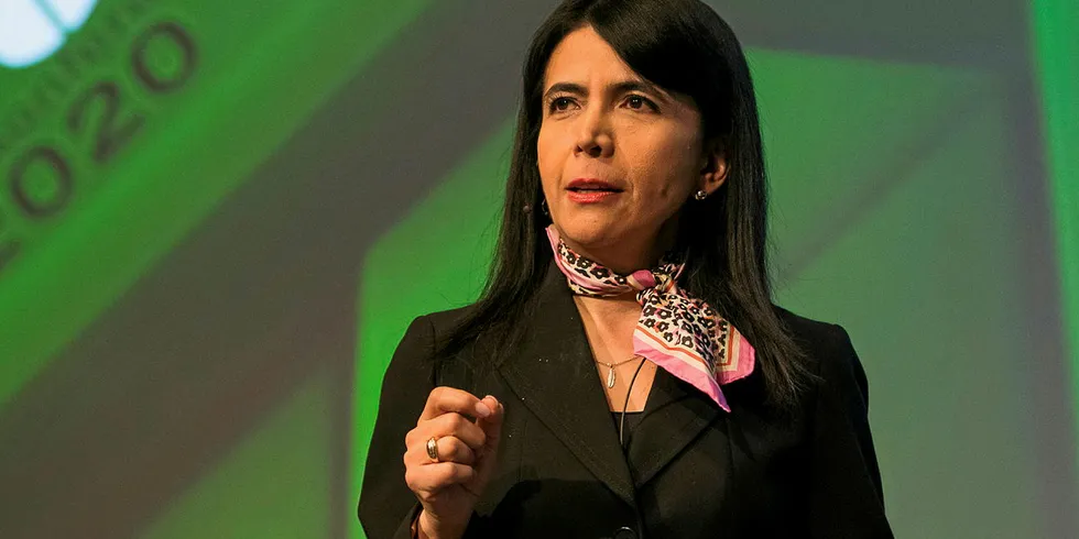 Pilar Cruz, president of the global salmon feed producer Cargill Aqua Nutrition, giving a lecture in Tromso for northern Norwegian customers.