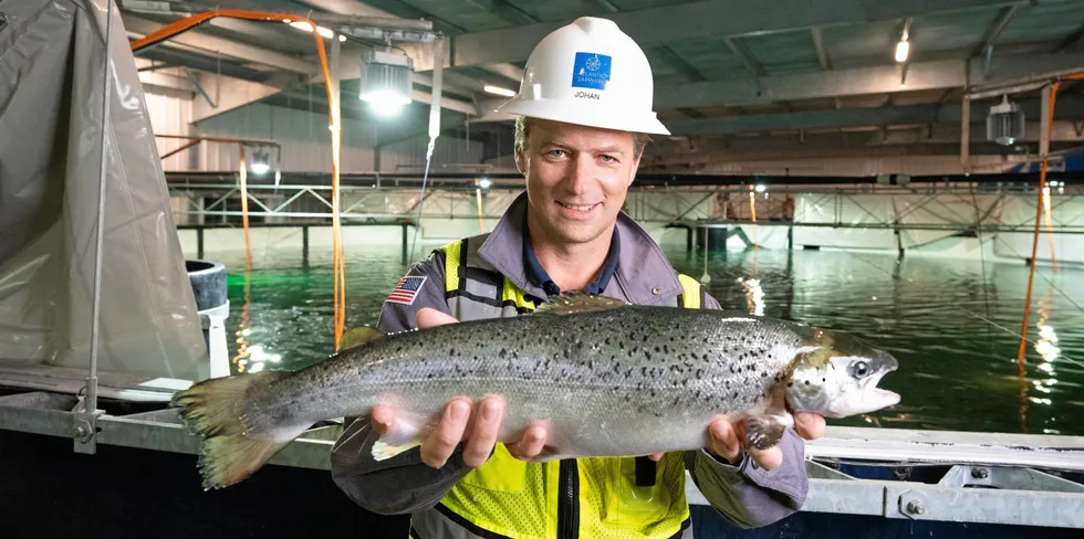 CEO Johan Andreassen with Atlantic Sapphire's first commercially harvested land-based salmon last year.