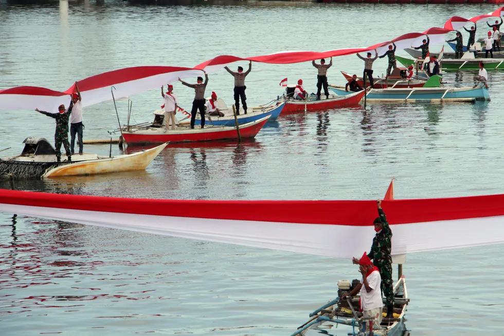 Offshore activity: a giant Indonesian flag being waved on the recent independence day