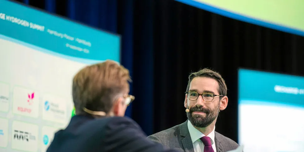 Renewable Hydogen Coalition impact director François Paquet speaking to Recharge editor-in-chief Darius Snieckus at the Recharge Hydrogen Summit in Hamburg last week.