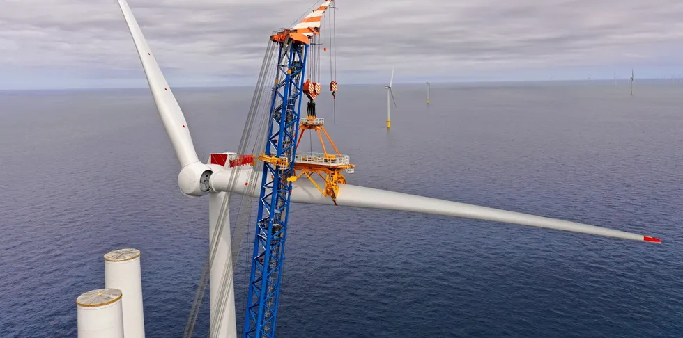 A turbine blade being connected during installation of the 1.3GW Hornsea 2 project