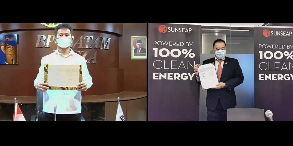Virtual signing of memorandum of understanding between developer Sunseap and government of Indonesian island of Batam to build a 2.2GW floating solar project