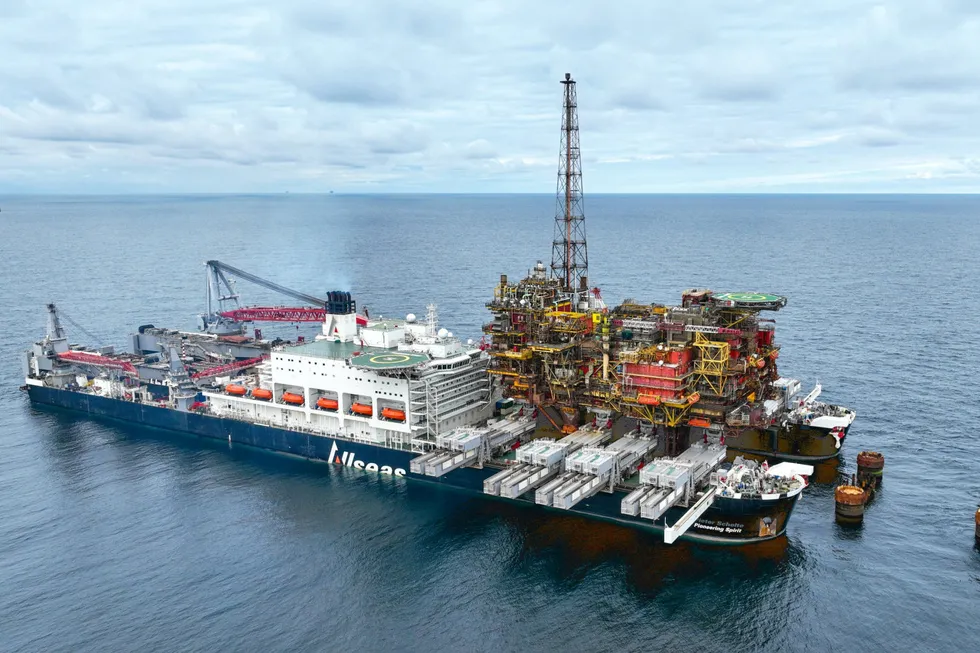 The Allseas Pioneering Spirit removing the Brent Charlie topsides in July, 2024.