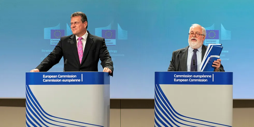 Maros Sefcovic, the European Commission's vice-president of the energy union, and energy commissioner Miguel Arias Cañete, at a press conference to unveil the new long-term climate strategy.