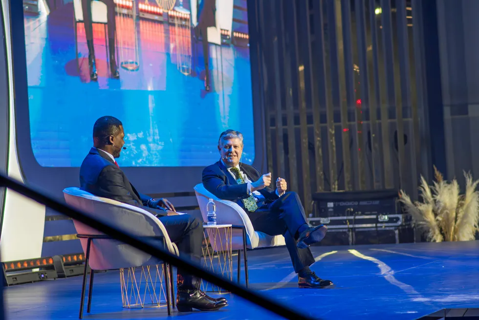 Kosmos Energy chief executive Andy Inglis (right) in conversation with NJ Ayuk, chairman of the African Energy Chamber, at African Energy Week in Cape Town.