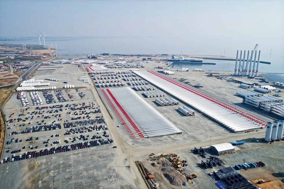 Wind turbine blades and towers at the Port of Esbjerg in Denmark. Europe's exports to the US, especially for offshore wind turbines, are now set to fall due to Trump's policies.