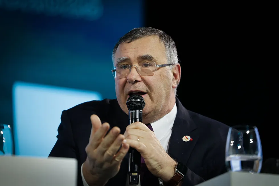 Chairman and chief executive of TotalEnergies Patrick Pouyanne speaks during the Euronext 13th annual conference in Paris on March 18, 2025.