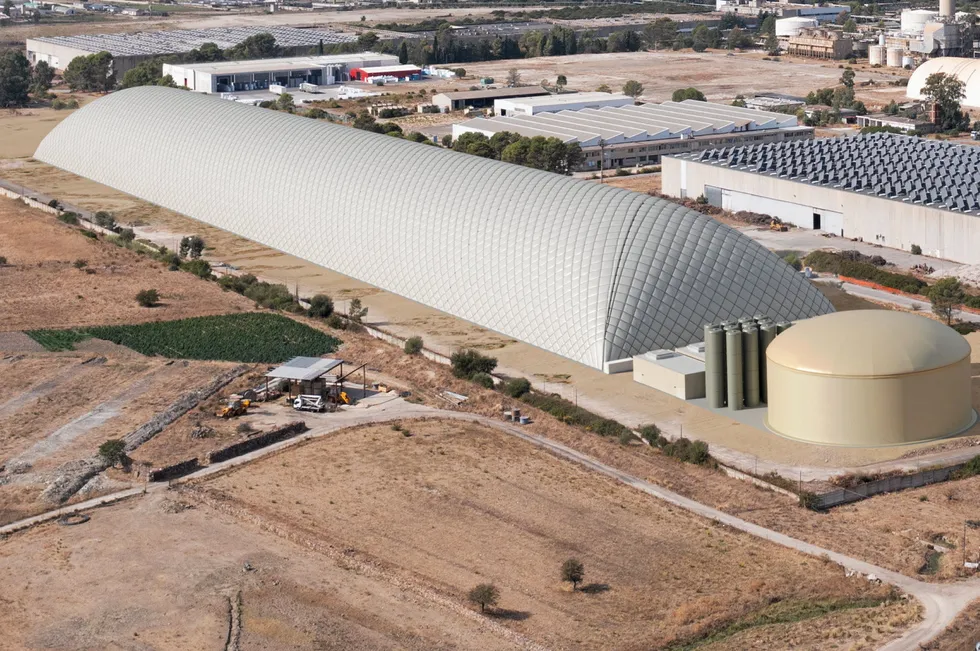 A rendering of the energy storage facility that Energy Dome is currently building in Sardinia, which it says will be virtually identical to the one in Wisconsin.