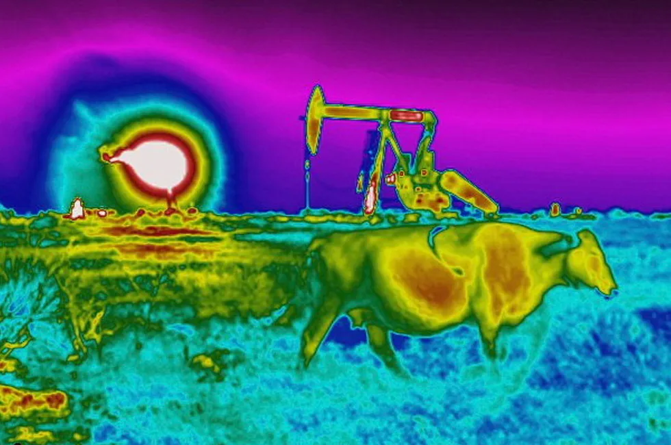 An image from an optical gas imaging thermal camera shows a plume of heat from a flare burning off methane and other hydrocarbons next to an oil pumpjack in the US Permian basin in 2021. According to a satellite observation data-based study, increased flaring volumes in the US, Libya, Iran and Russia reversed the global oil and gas industry’s slow reduction in greenhouse gas emissions in 2023.