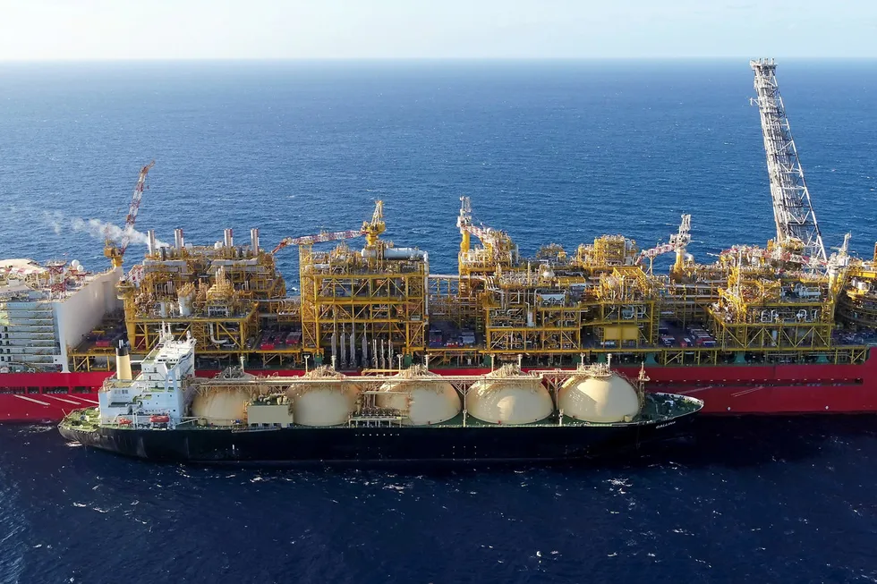 Offloading: the LNG carrier Gallina alongside the Prelude FLNG offshore Australia.