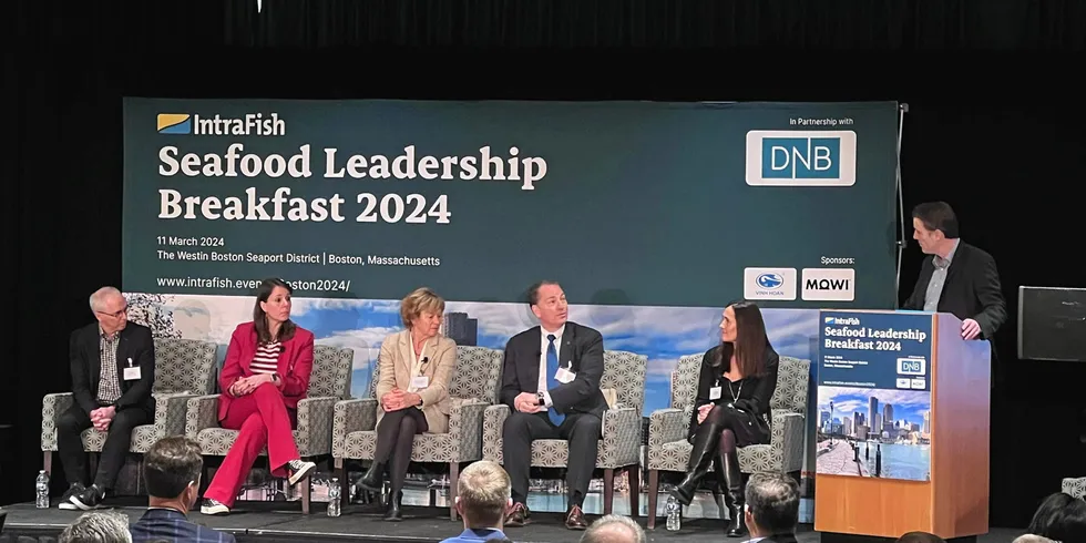 Seafood executives speaking at the IntraFish Seafood Leadership Breakfast 2024 held in Boston, Massachusetts in March.