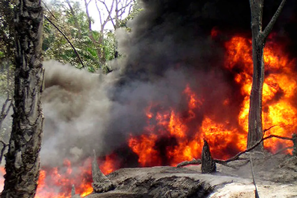 Long history: An oil pipeline fire burns near the village of Goi in Nigeria in 2004. Shell's presence in the country has long been a focus of civil strife and infrastructure attacks