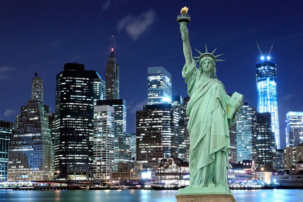Manhattan Skyline and The Statue of Liberty at Night, New York City . NYC.