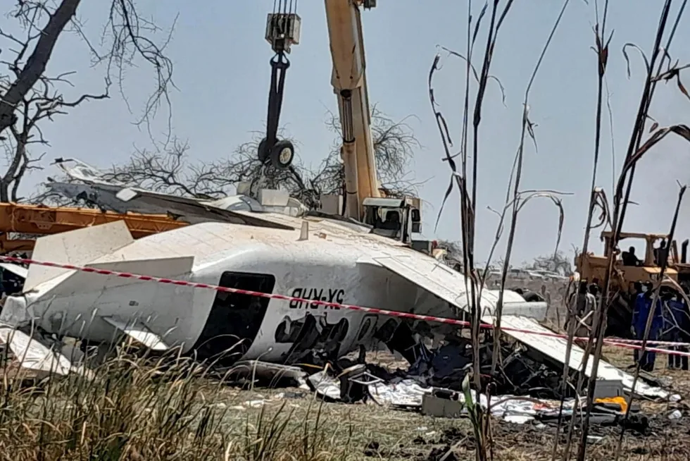 The wreckage of a plane that crashed, killing 20 people, at the Unity oilfield airstrip in South Sudan on 29 January.