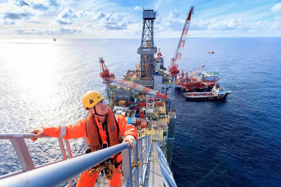 A workman on board a BP oil platform in the Clair Ridge oilfield in the North Sea.