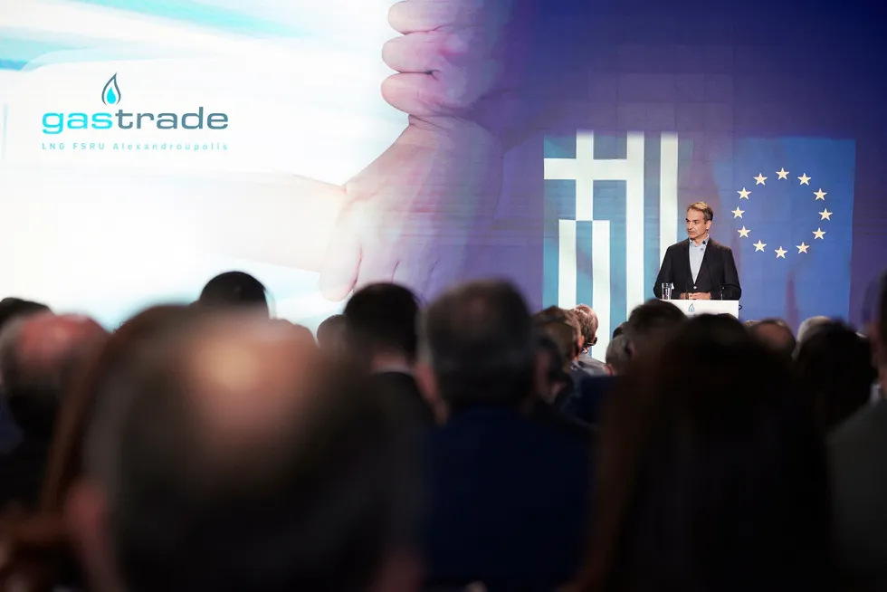 Key project: Greece’s Prime Minister Kyriakos Mitsotakis at a ceremony at the port of Alexandroupolis where the new FSRU will be stationed.