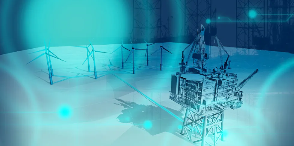 CGI of an offshore wind array powering an oil & gas platform