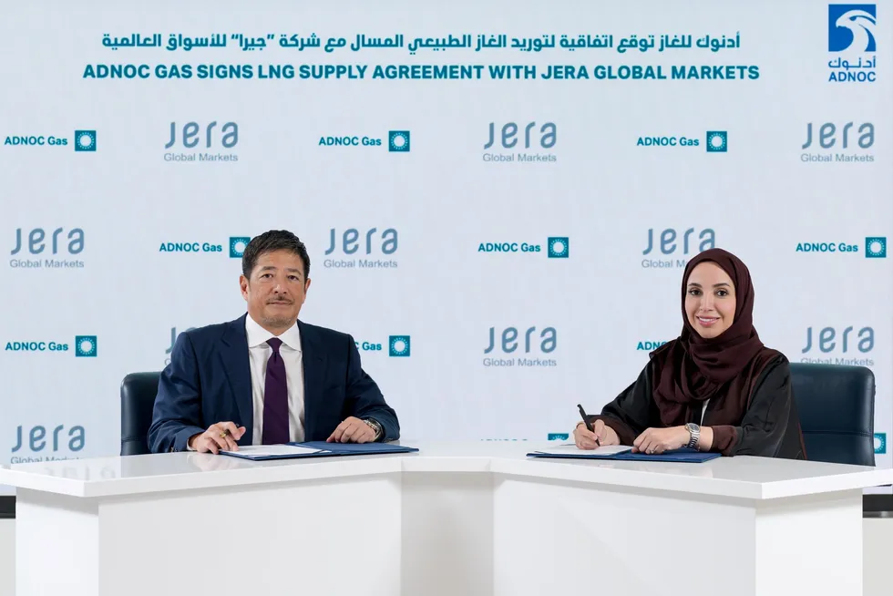 Signing ceremony in Abu Dhabi between JERA Global Markets and Adnoc Gas, represented by Hisaki Endo, managing director of group coordination, JERA Global Markets (left); and Fatema Al Nuaimi, chief executive of Adnoc Gas (right).