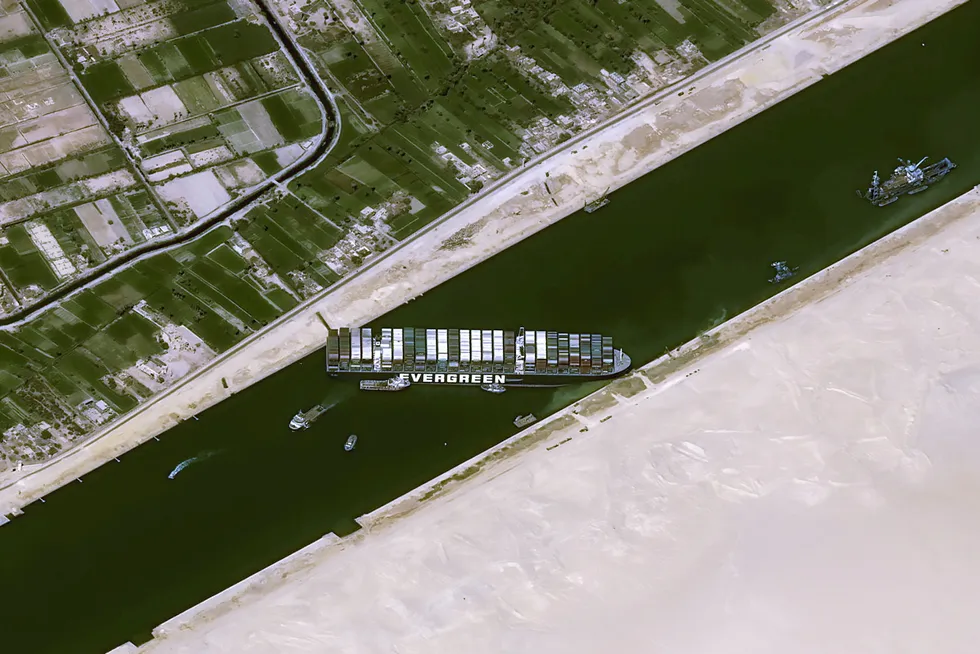 Stuck: oil prices jumped 4% on fears it will take weeks for the stranded container ship Ever Given to dislodge