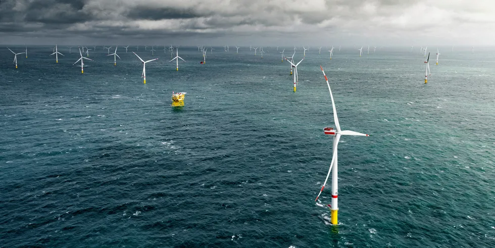Deutsche Bucht offshore wind farm in German with Vestas turbines. Clouds darken over supply chain as EU leaders pledge push for wind at sea - Deutsche Bucht offshore wind farm in German with Vestas turbine