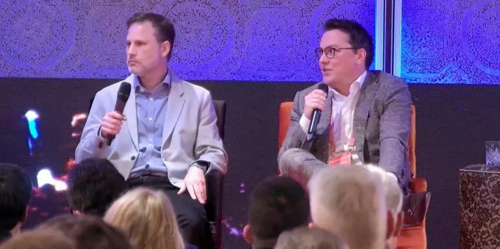 Pablo Resnik, vice president of business development at Roda International, and Peter ter Heide, managing director of Lenk Frozen Foods speaking at the Global Shrimp Forum in Utrecht in September.