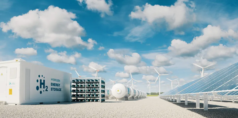 Graphic representing wind- and solar-powered hydrogen.