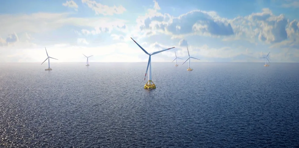 CGI of a wind farm build around Saitec's SATH floating platform concept